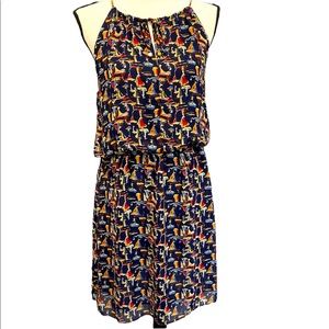 THML Blouson Dress Medium Navy Blue Red Sailboats Spaghetti Strap Halter Lined